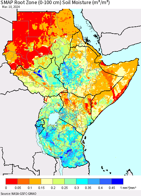 Eastern Africa SMAP Root Zone (0-100 cm) Soil Moisture (m³/m³) Thematic Map For 3/6/2024 - 3/10/2024