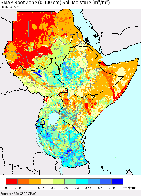 Eastern Africa SMAP Root Zone (0-100 cm) Soil Moisture (m³/m³) Thematic Map For 3/11/2024 - 3/15/2024