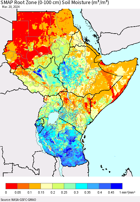 Eastern Africa SMAP Root Zone (0-100 cm) Soil Moisture (m³/m³) Thematic Map For 3/16/2024 - 3/20/2024