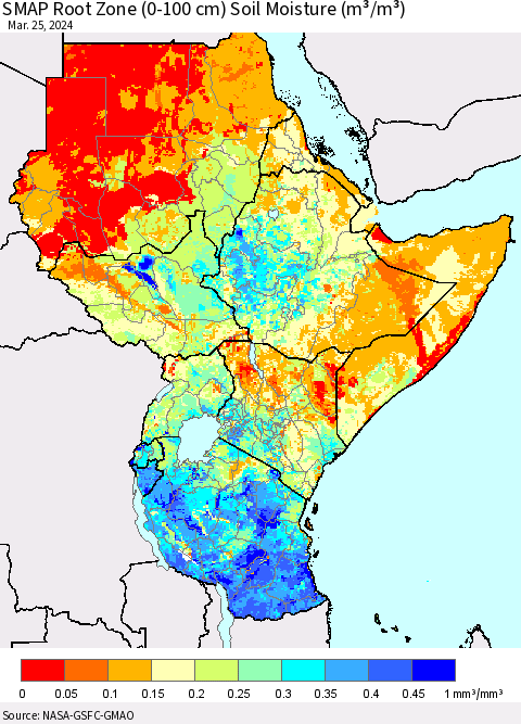 Eastern Africa SMAP Root Zone (0-100 cm) Soil Moisture (m³/m³) Thematic Map For 3/21/2024 - 3/25/2024