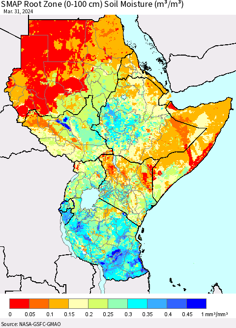 Eastern Africa SMAP Root Zone (0-100 cm) Soil Moisture (m³/m³) Thematic Map For 3/26/2024 - 3/31/2024