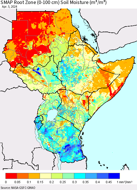 Eastern Africa SMAP Root Zone (0-100 cm) Soil Moisture (m³/m³) Thematic Map For 4/1/2024 - 4/5/2024