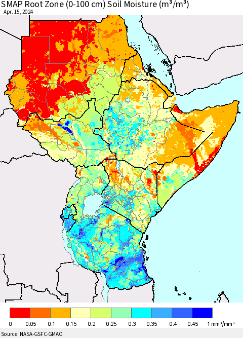 Eastern Africa SMAP Root Zone (0-100 cm) Soil Moisture (m³/m³) Thematic Map For 4/11/2024 - 4/15/2024