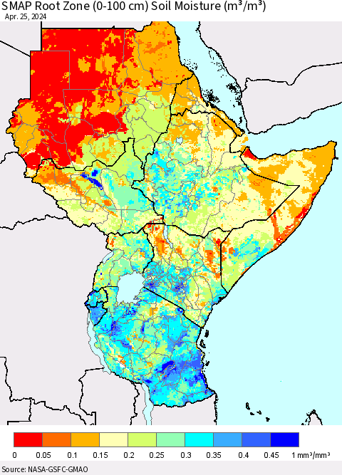 Eastern Africa SMAP Root Zone (0-100 cm) Soil Moisture (m³/m³) Thematic Map For 4/21/2024 - 4/25/2024