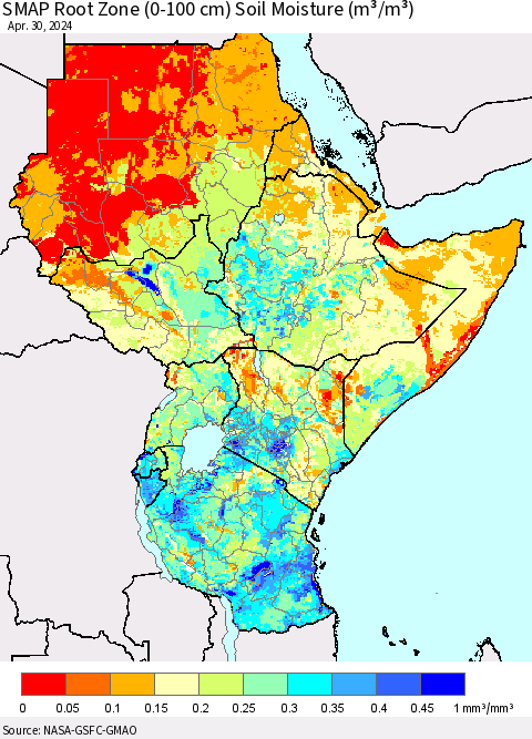 Eastern Africa SMAP Root Zone (0-100 cm) Soil Moisture (m³/m³) Thematic Map For 4/26/2024 - 4/30/2024