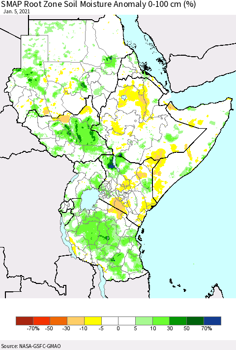 Eastern Africa SMAP Root Zone (0-100 cm) Soil Moisture Anomaly (%) Thematic Map For 1/1/2021 - 1/5/2021