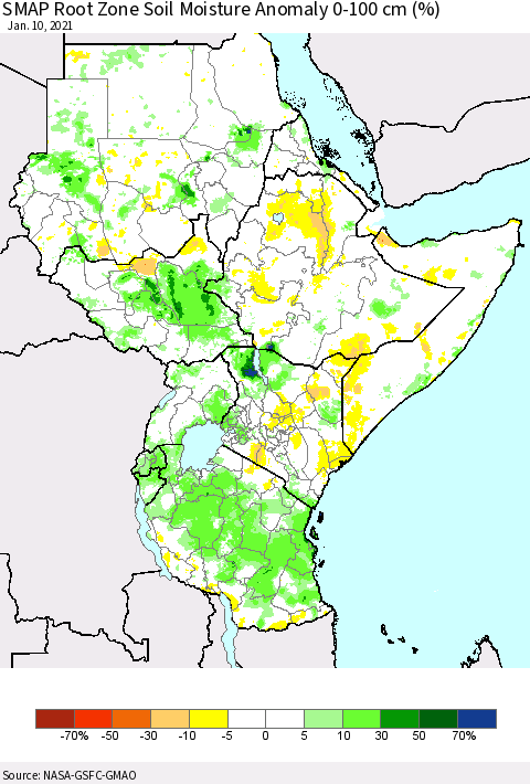 Eastern Africa SMAP Root Zone (0-100 cm) Soil Moisture Anomaly (%) Thematic Map For 1/6/2021 - 1/10/2021