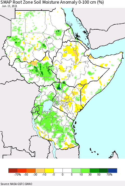 Eastern Africa SMAP Root Zone (0-100 cm) Soil Moisture Anomaly (%) Thematic Map For 1/11/2021 - 1/15/2021