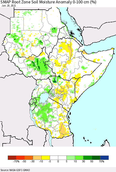 Eastern Africa SMAP Root Zone (0-100 cm) Soil Moisture Anomaly (%) Thematic Map For 1/16/2021 - 1/20/2021