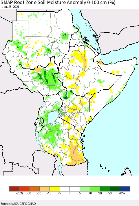 Eastern Africa SMAP Root Zone (0-100 cm) Soil Moisture Anomaly (%) Thematic Map For 1/21/2021 - 1/25/2021