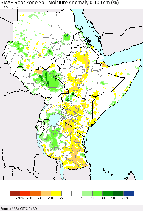 Eastern Africa SMAP Root Zone (0-100 cm) Soil Moisture Anomaly (%) Thematic Map For 1/26/2021 - 1/31/2021