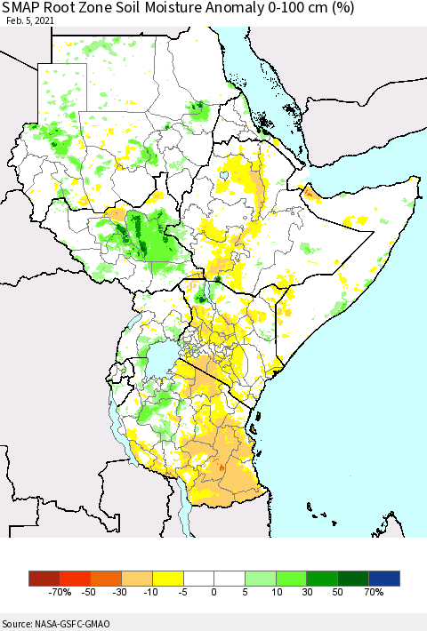 Eastern Africa SMAP Root Zone (0-100 cm) Soil Moisture Anomaly (%) Thematic Map For 2/1/2021 - 2/5/2021