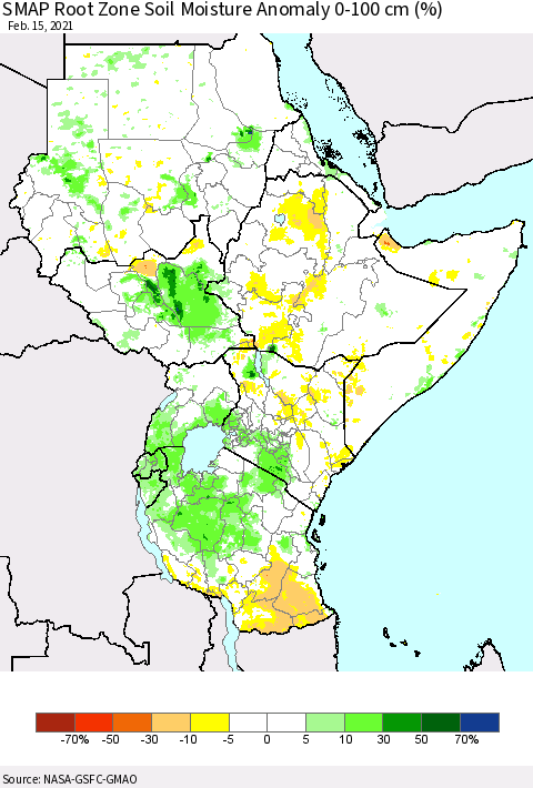 Eastern Africa SMAP Root Zone (0-100 cm) Soil Moisture Anomaly (%) Thematic Map For 2/11/2021 - 2/15/2021