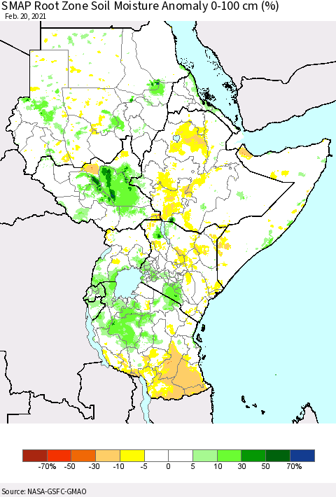 Eastern Africa SMAP Root Zone (0-100 cm) Soil Moisture Anomaly (%) Thematic Map For 2/16/2021 - 2/20/2021