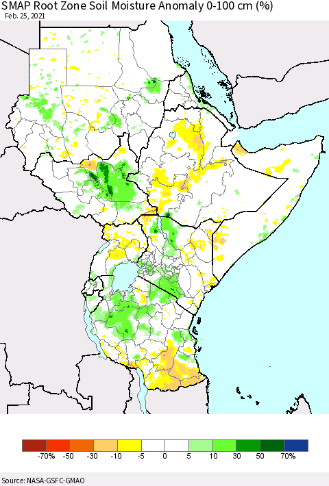 Eastern Africa SMAP Root Zone (0-100 cm) Soil Moisture Anomaly (%) Thematic Map For 2/21/2021 - 2/25/2021