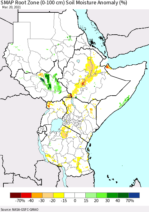 Eastern Africa SMAP Root Zone (0-100 cm) Soil Moisture Anomaly (%) Thematic Map For 3/16/2021 - 3/20/2021
