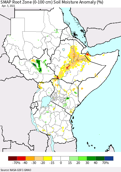 Eastern Africa SMAP Root Zone (0-100 cm) Soil Moisture Anomaly (%) Thematic Map For 4/1/2021 - 4/5/2021