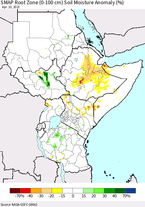 Eastern Africa SMAP Root Zone (0-100 cm) Soil Moisture Anomaly (%) Thematic Map For 4/6/2021 - 4/10/2021