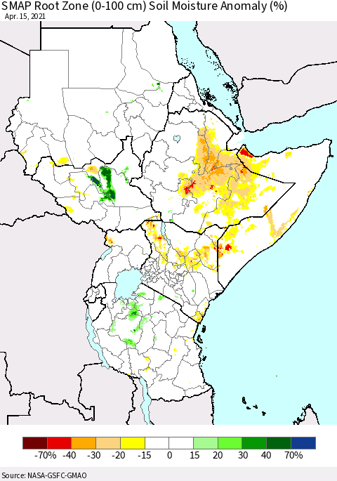 Eastern Africa SMAP Root Zone (0-100 cm) Soil Moisture Anomaly (%) Thematic Map For 4/11/2021 - 4/15/2021