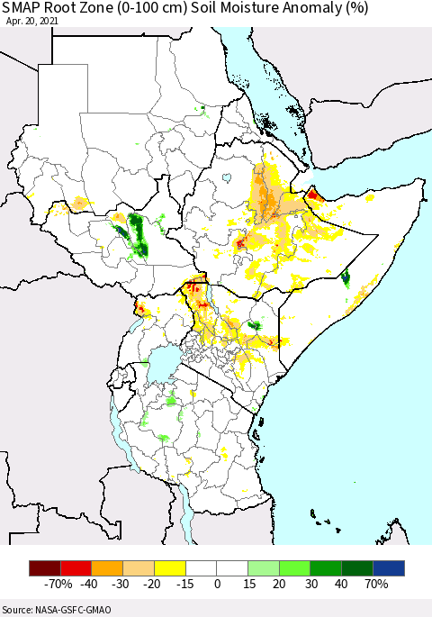 Eastern Africa SMAP Root Zone (0-100 cm) Soil Moisture Anomaly (%) Thematic Map For 4/16/2021 - 4/20/2021