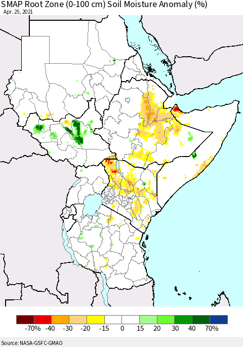 Eastern Africa SMAP Root Zone (0-100 cm) Soil Moisture Anomaly (%) Thematic Map For 4/21/2021 - 4/25/2021