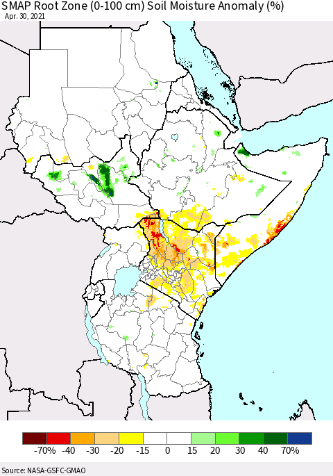 Eastern Africa SMAP Root Zone (0-100 cm) Soil Moisture Anomaly (%) Thematic Map For 4/26/2021 - 4/30/2021
