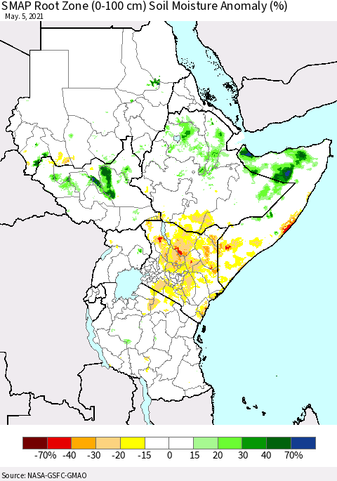 Eastern Africa SMAP Root Zone (0-100 cm) Soil Moisture Anomaly (%) Thematic Map For 5/1/2021 - 5/5/2021