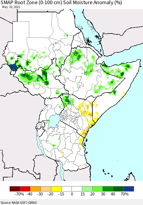 Eastern Africa SMAP Root Zone (0-100 cm) Soil Moisture Anomaly (%) Thematic Map For 5/6/2021 - 5/10/2021
