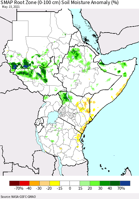 Eastern Africa SMAP Root Zone (0-100 cm) Soil Moisture Anomaly (%) Thematic Map For 5/11/2021 - 5/15/2021