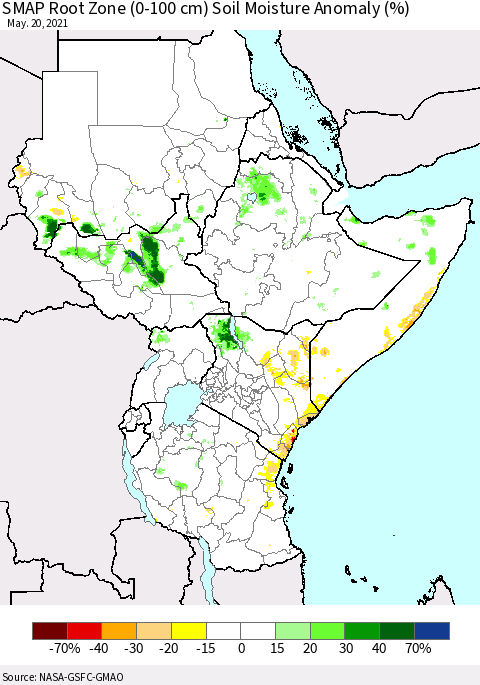 Eastern Africa SMAP Root Zone (0-100 cm) Soil Moisture Anomaly (%) Thematic Map For 5/16/2021 - 5/20/2021