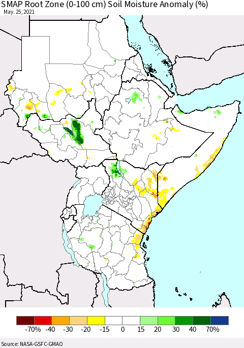 Eastern Africa SMAP Root Zone (0-100 cm) Soil Moisture Anomaly (%) Thematic Map For 5/21/2021 - 5/25/2021