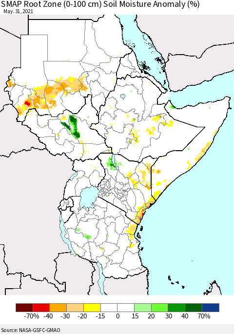 Eastern Africa SMAP Root Zone (0-100 cm) Soil Moisture Anomaly (%) Thematic Map For 5/26/2021 - 5/31/2021