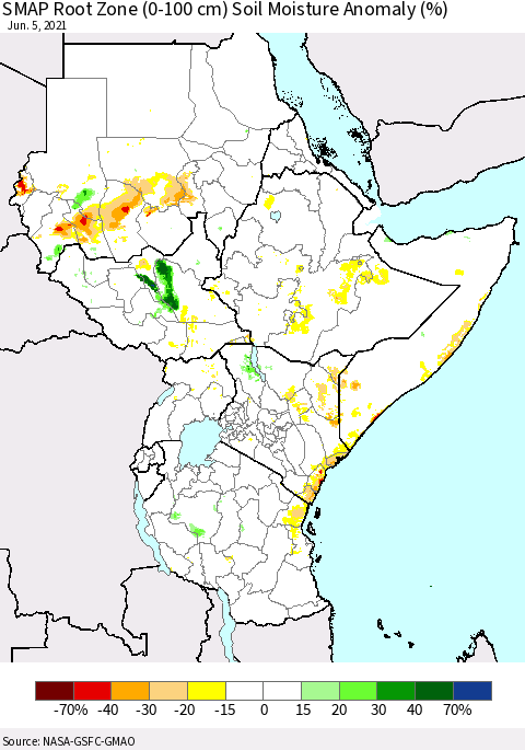 Eastern Africa SMAP Root Zone (0-100 cm) Soil Moisture Anomaly (%) Thematic Map For 6/1/2021 - 6/5/2021