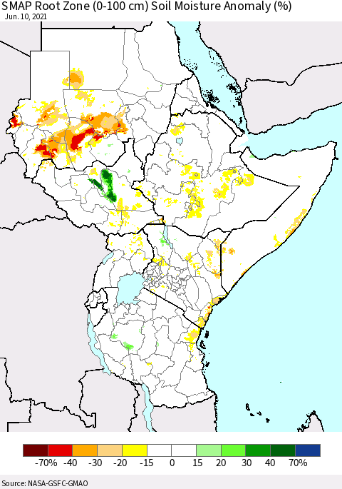 Eastern Africa SMAP Root Zone (0-100 cm) Soil Moisture Anomaly (%) Thematic Map For 6/6/2021 - 6/10/2021