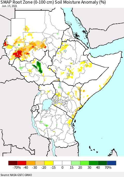 Eastern Africa SMAP Root Zone (0-100 cm) Soil Moisture Anomaly (%) Thematic Map For 6/11/2021 - 6/15/2021