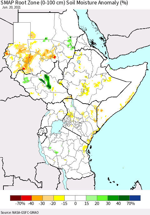 Eastern Africa SMAP Root Zone (0-100 cm) Soil Moisture Anomaly (%) Thematic Map For 6/16/2021 - 6/20/2021