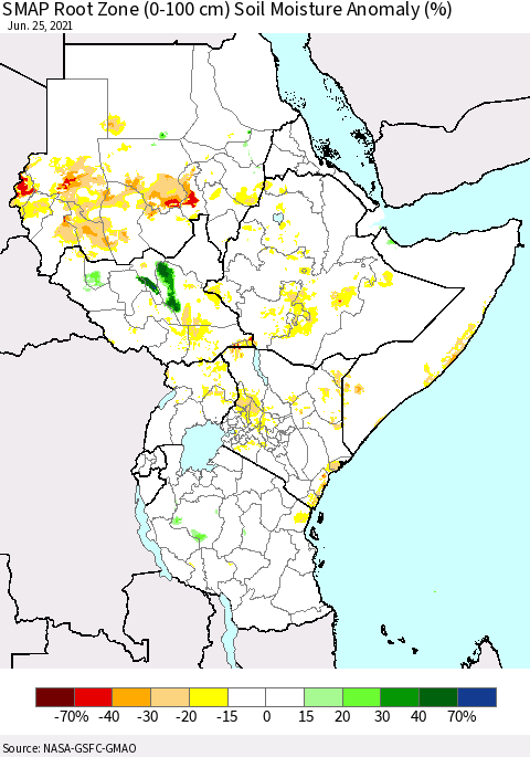Eastern Africa SMAP Root Zone (0-100 cm) Soil Moisture Anomaly (%) Thematic Map For 6/21/2021 - 6/25/2021