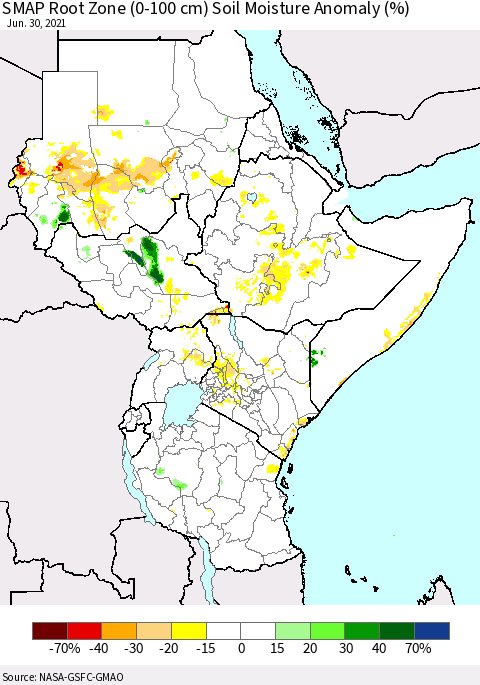 Eastern Africa SMAP Root Zone (0-100 cm) Soil Moisture Anomaly (%) Thematic Map For 6/26/2021 - 6/30/2021