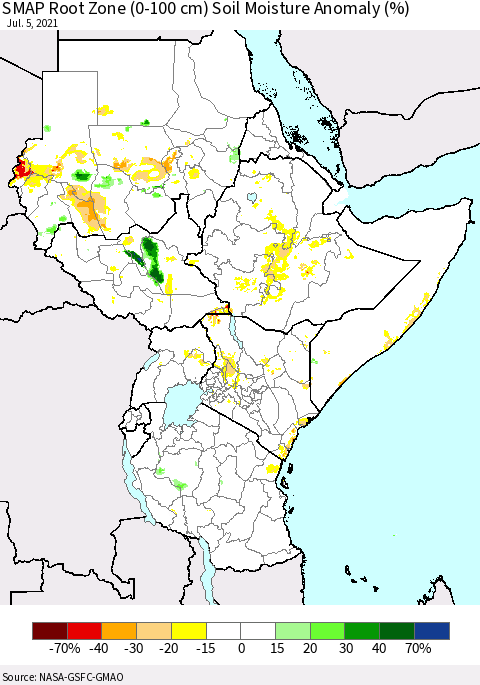 Eastern Africa SMAP Root Zone (0-100 cm) Soil Moisture Anomaly (%) Thematic Map For 7/1/2021 - 7/5/2021