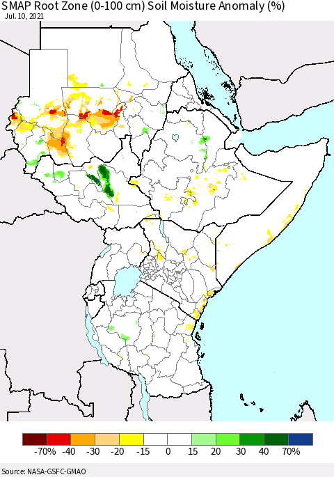 Eastern Africa SMAP Root Zone (0-100 cm) Soil Moisture Anomaly (%) Thematic Map For 7/6/2021 - 7/10/2021