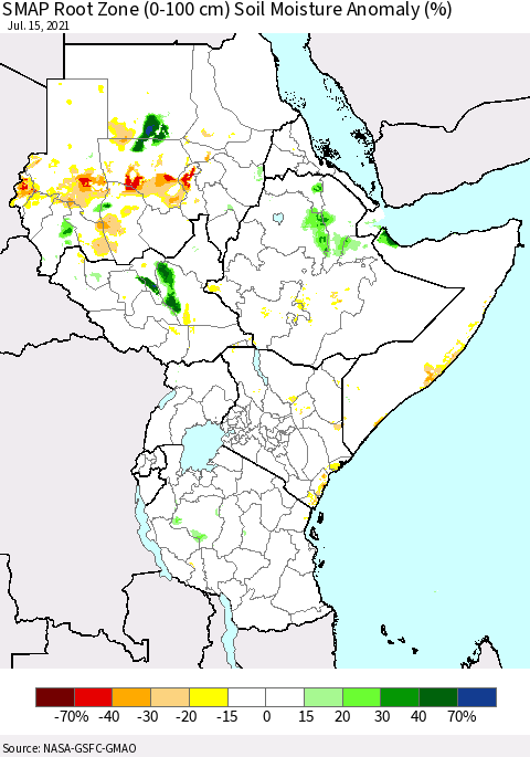 Eastern Africa SMAP Root Zone (0-100 cm) Soil Moisture Anomaly (%) Thematic Map For 7/11/2021 - 7/15/2021