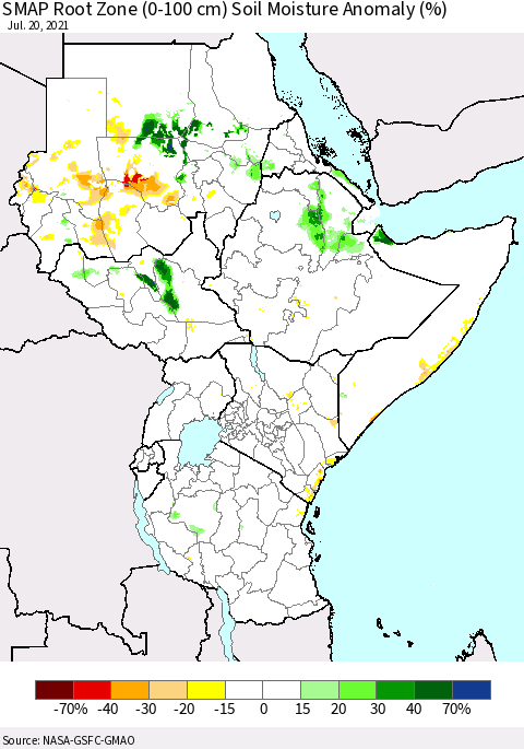 Eastern Africa SMAP Root Zone (0-100 cm) Soil Moisture Anomaly (%) Thematic Map For 7/16/2021 - 7/20/2021
