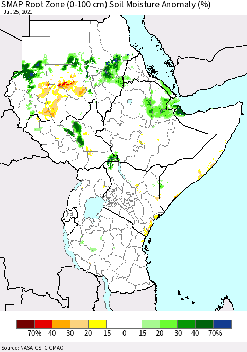 Eastern Africa SMAP Root Zone (0-100 cm) Soil Moisture Anomaly (%) Thematic Map For 7/21/2021 - 7/25/2021