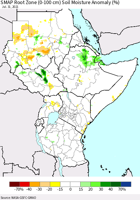 Eastern Africa SMAP Root Zone (0-100 cm) Soil Moisture Anomaly (%) Thematic Map For 7/26/2021 - 7/31/2021