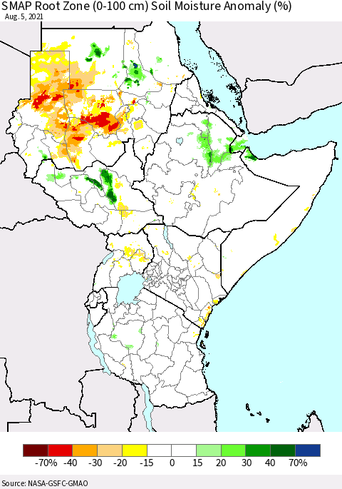 Eastern Africa SMAP Root Zone (0-100 cm) Soil Moisture Anomaly (%) Thematic Map For 8/1/2021 - 8/5/2021