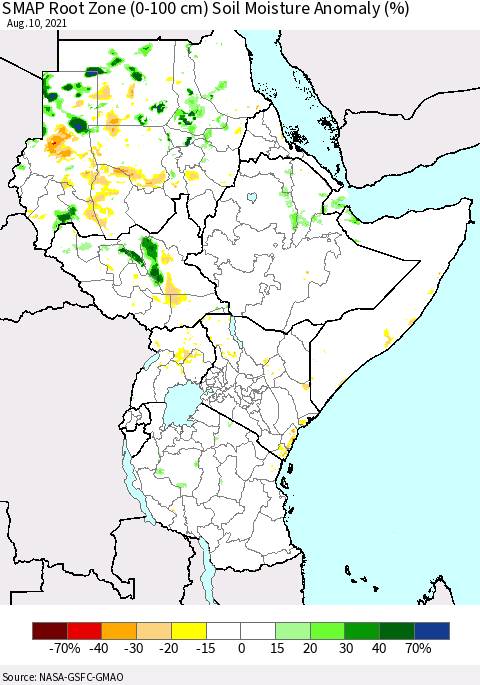 Eastern Africa SMAP Root Zone (0-100 cm) Soil Moisture Anomaly (%) Thematic Map For 8/6/2021 - 8/10/2021