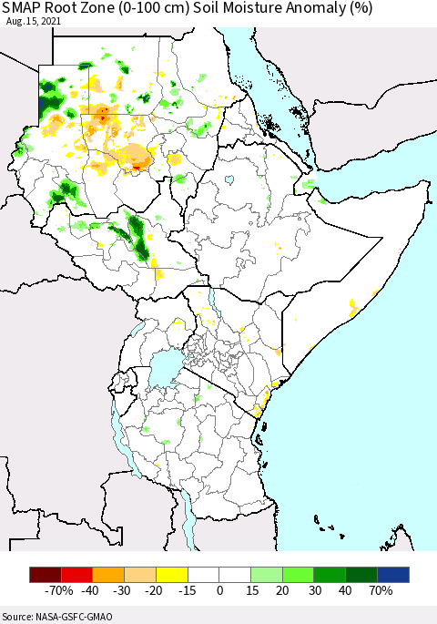 Eastern Africa SMAP Root Zone (0-100 cm) Soil Moisture Anomaly (%) Thematic Map For 8/11/2021 - 8/15/2021