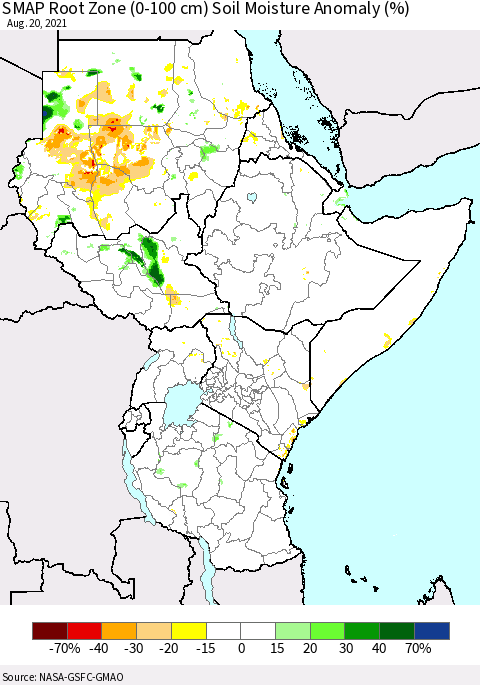Eastern Africa SMAP Root Zone (0-100 cm) Soil Moisture Anomaly (%) Thematic Map For 8/16/2021 - 8/20/2021