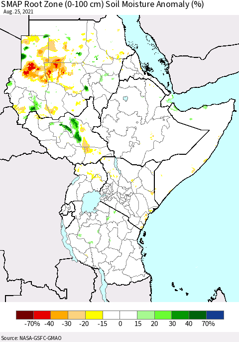 Eastern Africa SMAP Root Zone (0-100 cm) Soil Moisture Anomaly (%) Thematic Map For 8/21/2021 - 8/25/2021