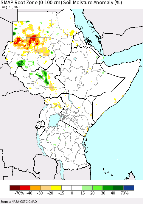 Eastern Africa SMAP Root Zone (0-100 cm) Soil Moisture Anomaly (%) Thematic Map For 8/26/2021 - 8/31/2021